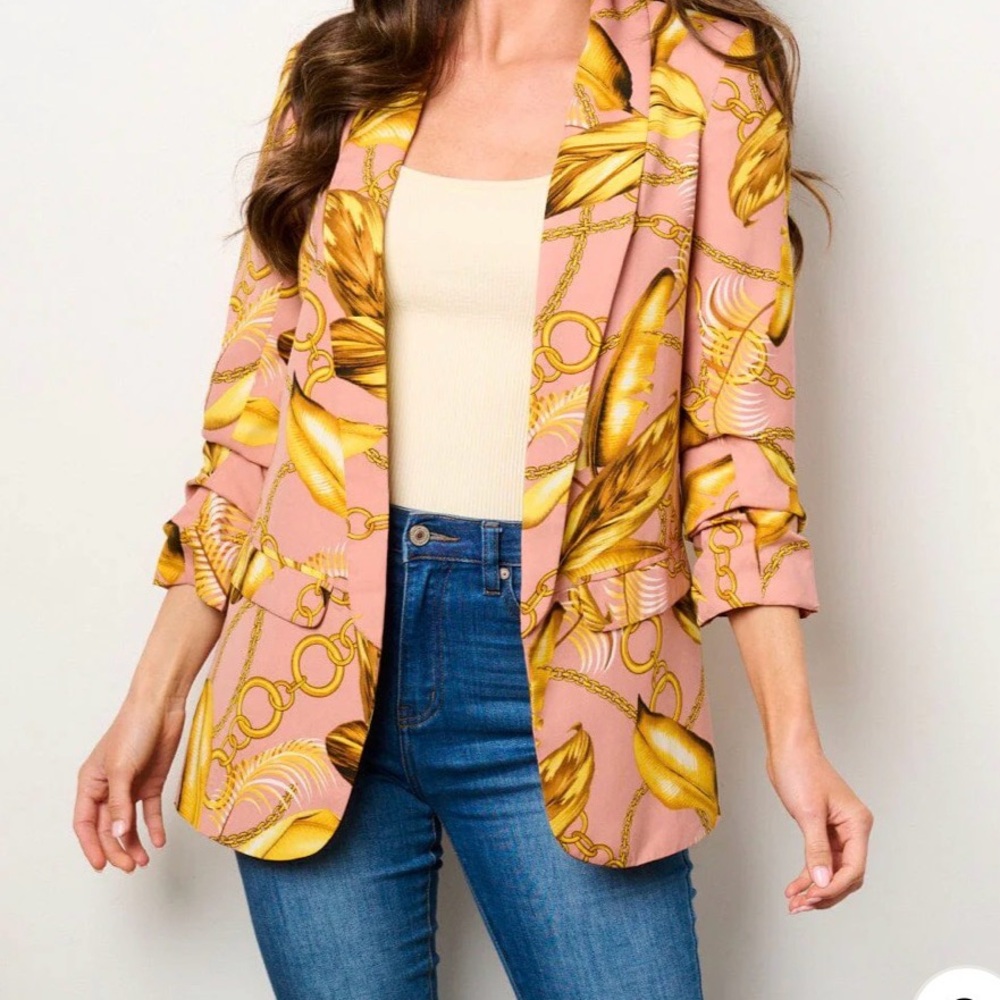 WOMEN'S 3/4 RUCHED SLEEVES OPEN FRONT
POCKETS PRINTED BLAZER - Picture 2 of 3